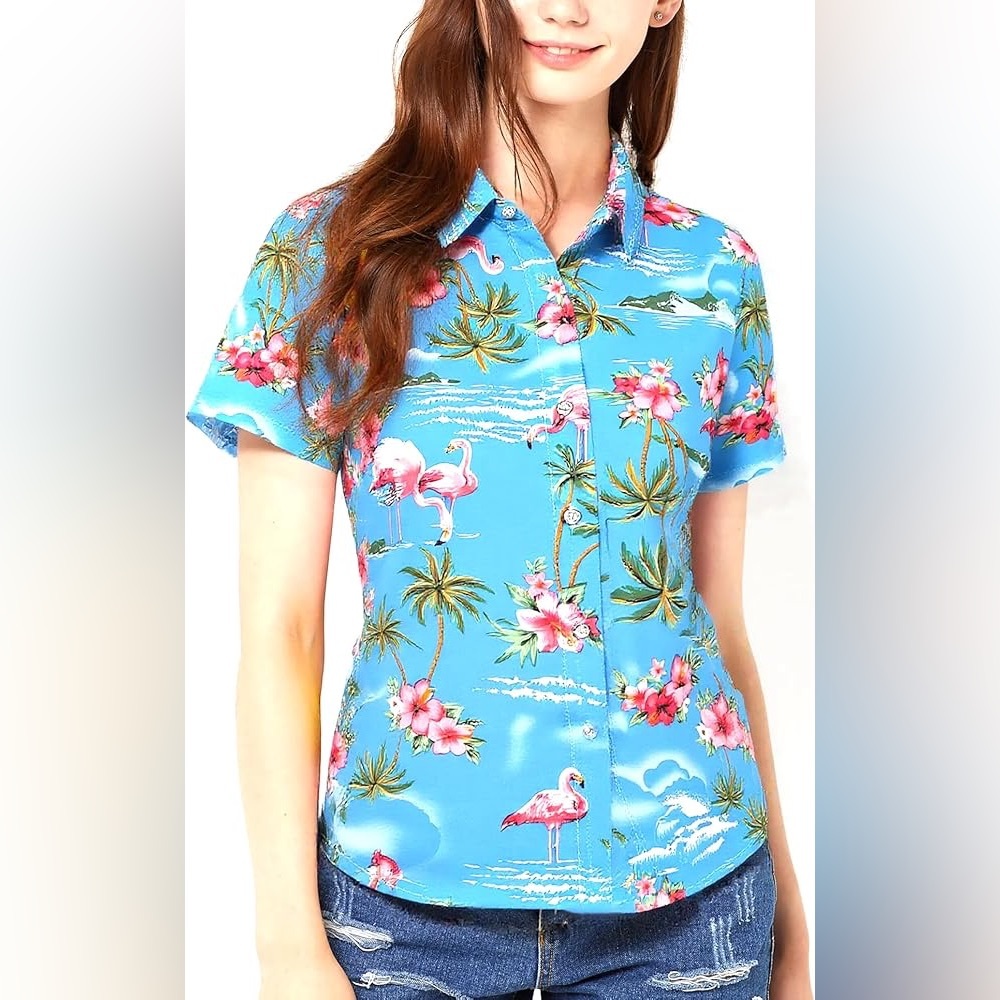 T79 NWT SSLR Women’s Button Front Tropical Flamingo Hawaiian Shirt -‎ Size: 2XL